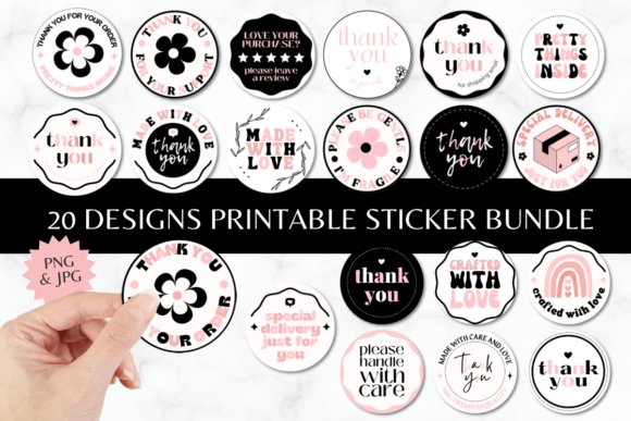 Download 20 Thank You Round Stickers Black &amp; Pink - Sticker Collection