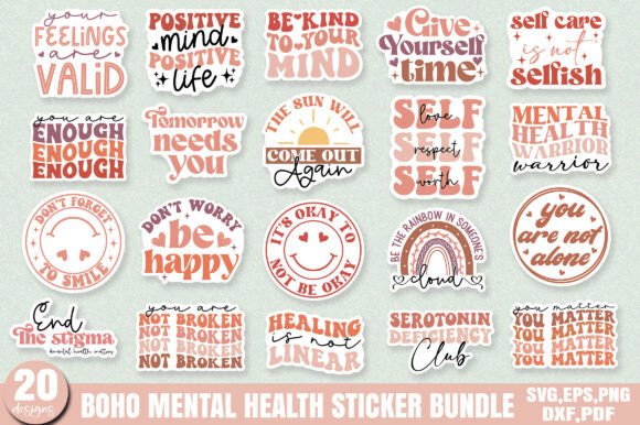Download Retro Boho Mental Health Sticker Bundle - Sticker Collection