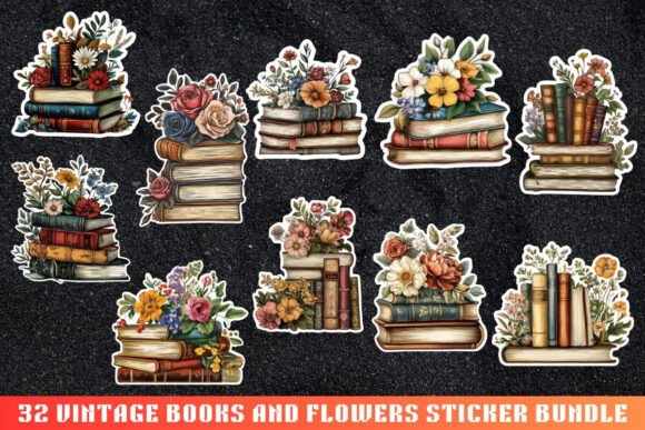 Download Vintage Books and Flowers Sticker Bundle - Sticker Collection