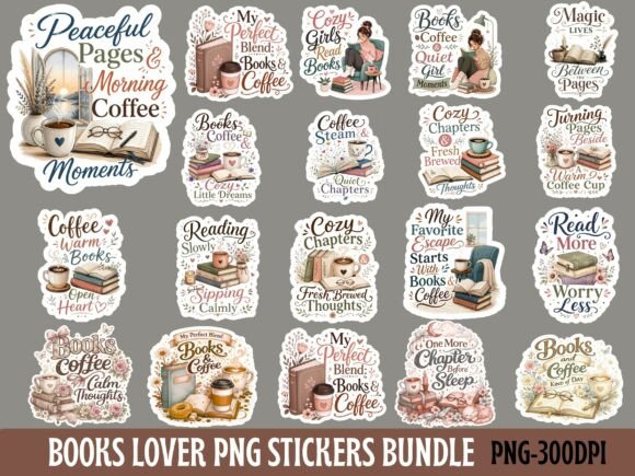 Download Books &amp; Coffee Lover Png Stickers Bundle - Sticker Collection